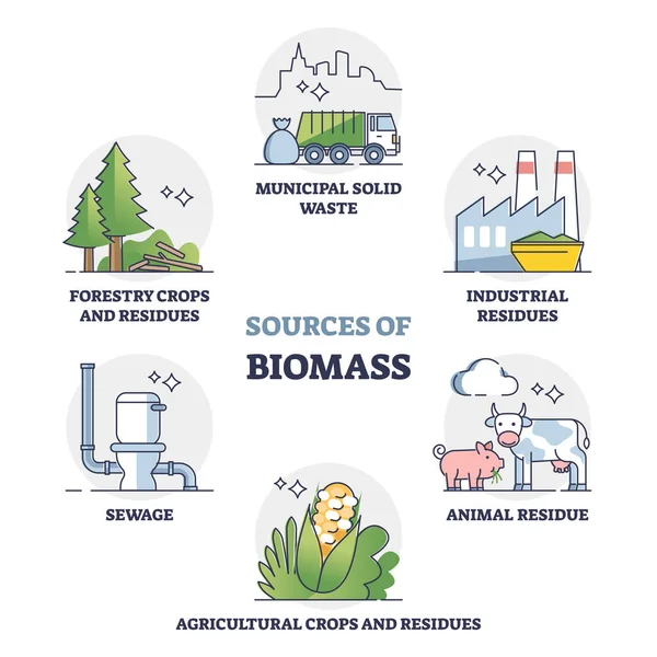 Sources of biomass energy as alternative power in outline collection diagram — Stock Vector