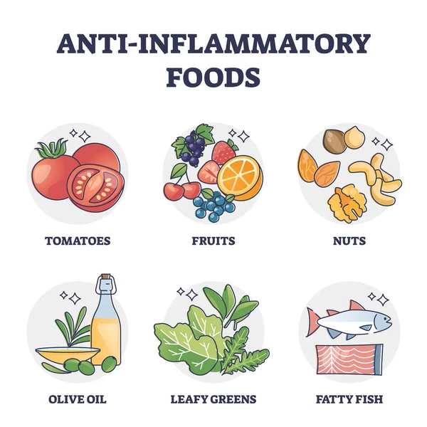 Lista de alimentos antiinflamatorios para la recolección de esquemas de salud digestiva del estómago — Archivo Imágenes Vectoriales