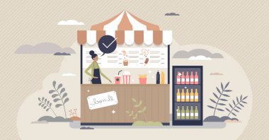 Fast food, abur cubur ve içeceklerle büfe küçük insan konsepti