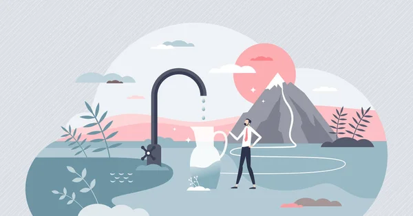 Schoon drinkwater als natuurlijke berg rivier hulpbron kleine persoon concept — Stockvector