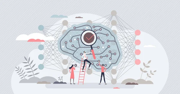 Pesquisa de conexão de rede neural de aprendizagem profunda para AI conceito de pessoa minúscula —  Vetores de Stock