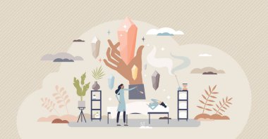 Kristal tedavi ve hastalığın iyileşmesi taş enerjili minik insan konseptiyle