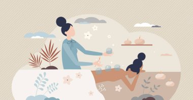 Sırt ağrısı için vakum terapisi olarak spa tedavisi küçük insan konsepti