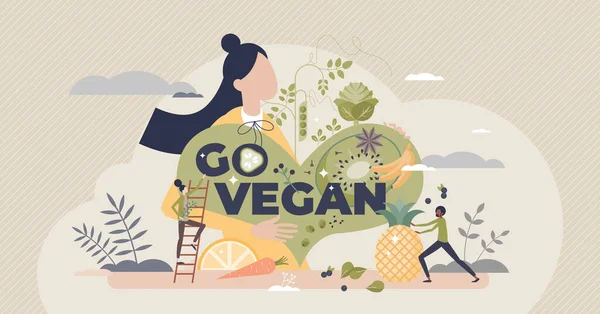 Go vegan as green and raw food eating for healthy diet tiny person concept — Stock Vector