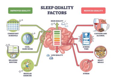 Uyku kalitesi faktörleri görsel, dinlenmeyi hızlandıran veya azaltan alışkanlıklar, yönlendirici okları, anahtar nesneleri, beyni, okları, telefonu olan bir beyne odaklı. Özet diyagramı