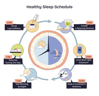 Merkezi saat, telefon ve kahve fincanı ile çizilmiş sağlıklı uyku çizelgesi daha iyi dinlenmek ve yuvarlak ritim için günlük alışkanlıkların haritasını çıkarıyor. Doodle biçim diyagramı