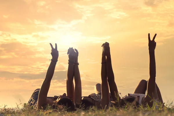 초원에 누워 있는 젊은 여성 친교의 표시에 그들의 팔을 높이 — 스톡 사진