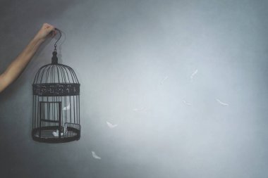 Kişi kafeste kilitli bir kuşa özgürlük verir, tüyler uçuşur, özgürlük kavramı