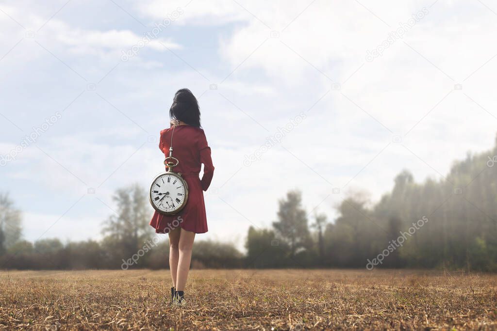 surreal moment of a woman who is walking towards her destiny with the weight of time passing 