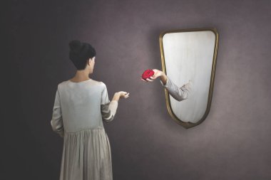 surreal gesture of a hand coming out of the mirror to give a rose to a woman clipart