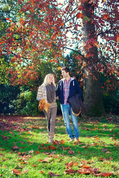 Uomo e donna che camminano mano nella mano nel parco autunnale — Foto Stock