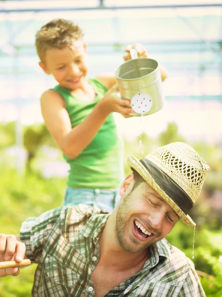 Young boy playing with his father in a green house — Stock Photo, Image