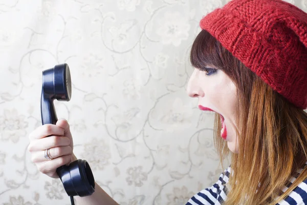 Pin-Up girls screaming at vintage phone — Stock Photo, Image