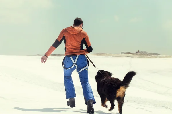 男と彼の犬は雪の中で実行しています。 — ストック写真