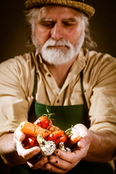 Boer toont zijn biologische groenten — Stockfoto