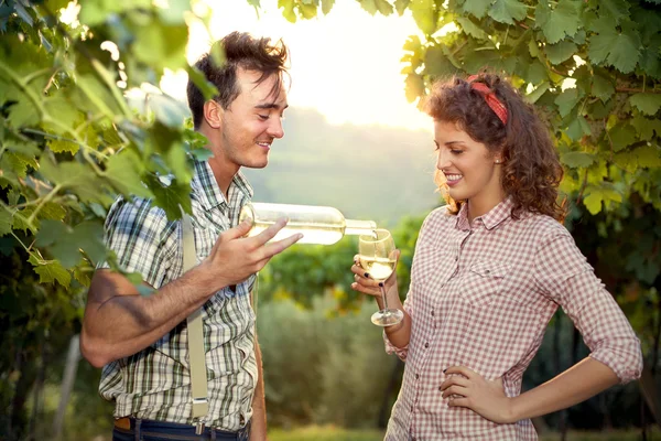 Bauernpaar trinkt nach der Ernte ein Glas Wein Stockbild