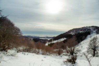 dağ ve kış manzarası bulutlu gökyüzü ve karla kaplı vadilerle