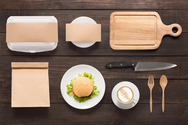 Design concept  brand of mockup burger set on wooden background. — Stock Photo, Image