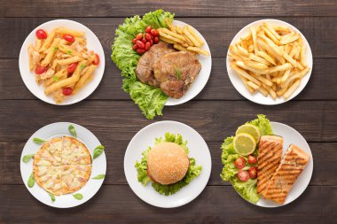 Çeşitli gıda ahşap arka plan ayarla