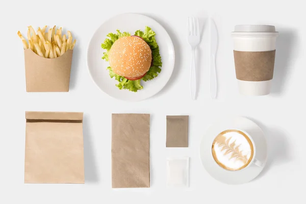 Design concept of mock up burger and coffee set on white backgro — Stock Photo, Image