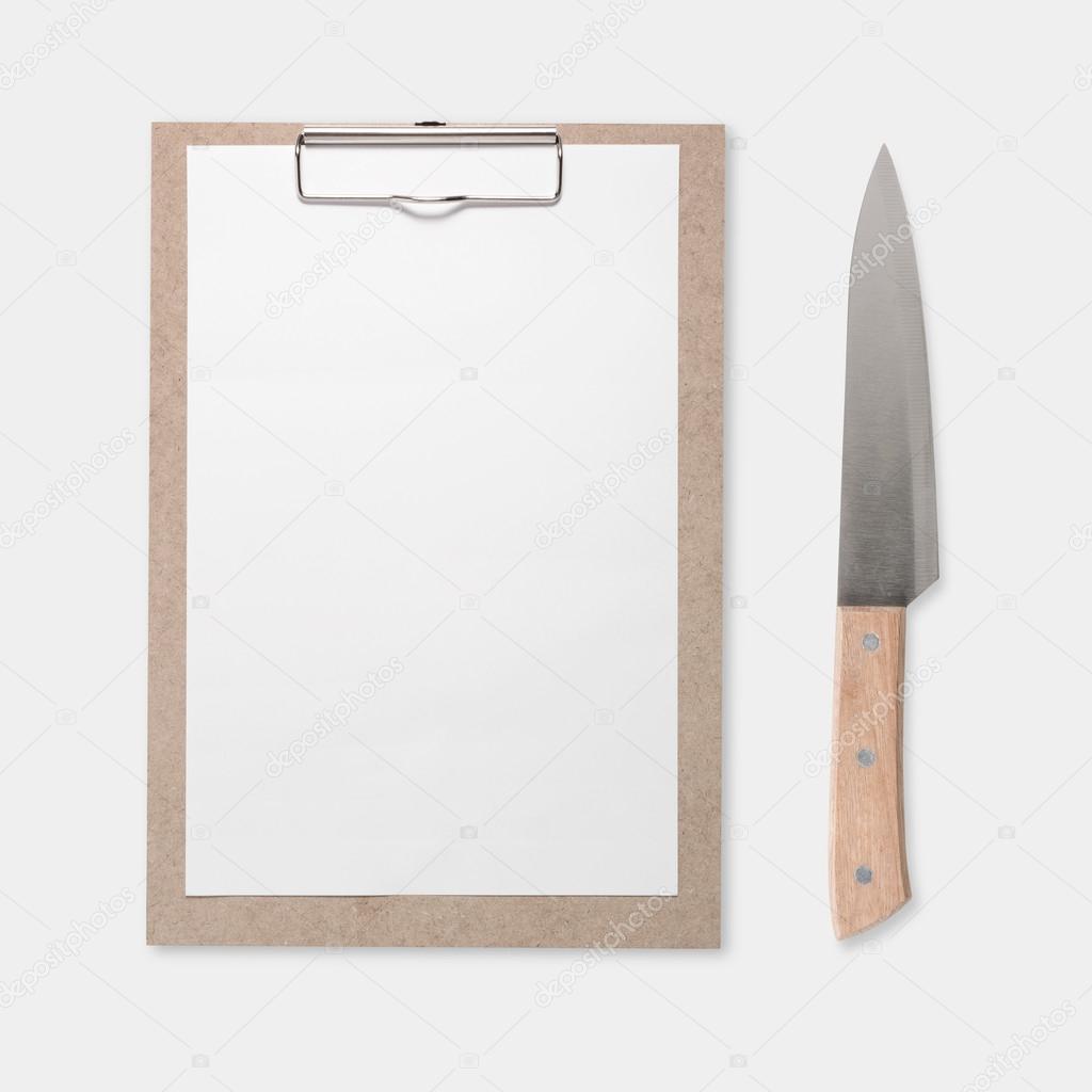 Design concept of mockup clip board and knife set isolated on white background. Copy space for text and logo. Clipping Path included on white background.