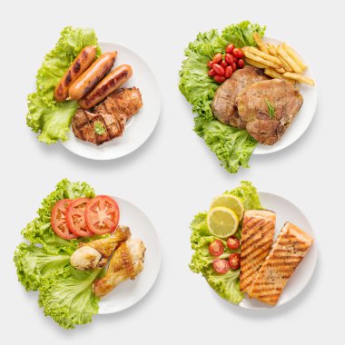 Sosis, tavuk, somon, domuz pirzolası set tasarımı mockup Barbekü Izgara