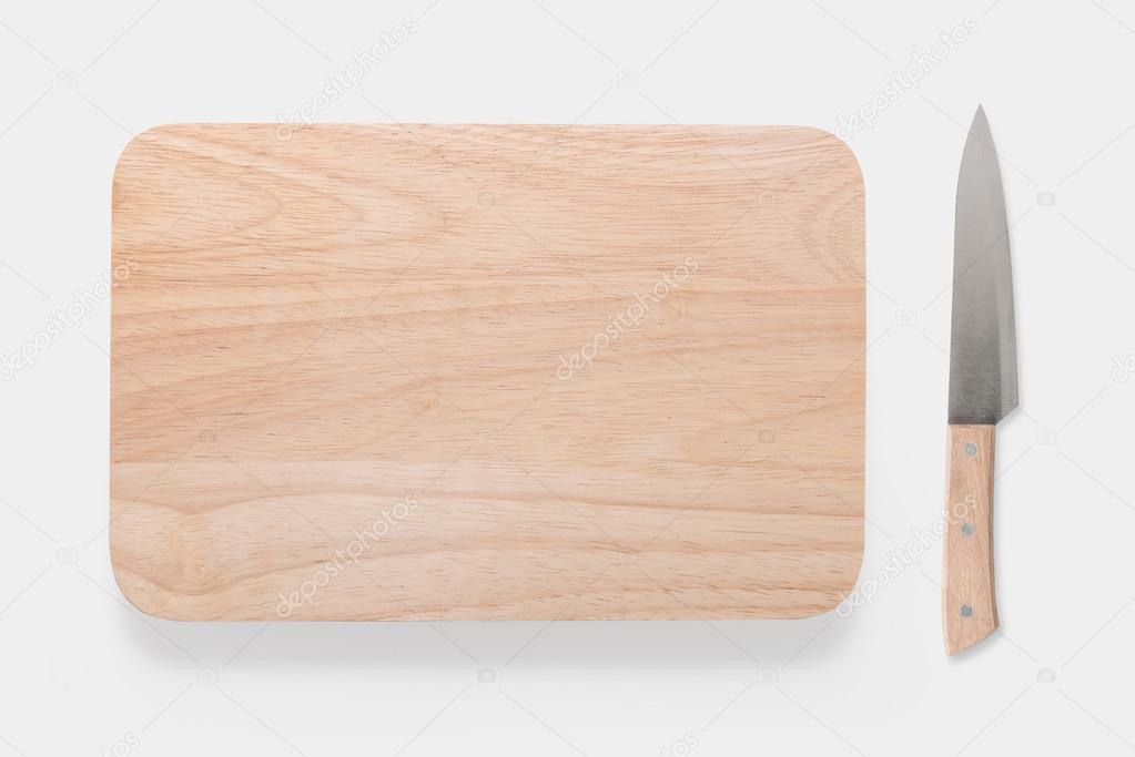 Design concept of mockup cutting board and knife set isolated on white background. Copyspace for text and logo. Clipping Path included on white background.