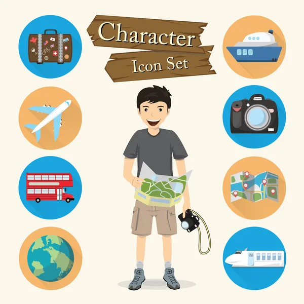 Personaje viajero icono conjunto vector — Archivo Imágenes Vectoriales