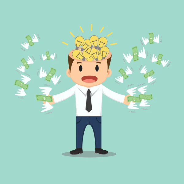 Businessman with bulb idea head flying money in hand vector illu — Stock Vector