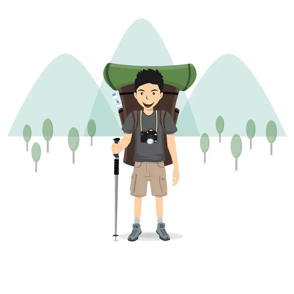 Hombre con mochila y montaña, ilustración vectorial — Archivo Imágenes Vectoriales