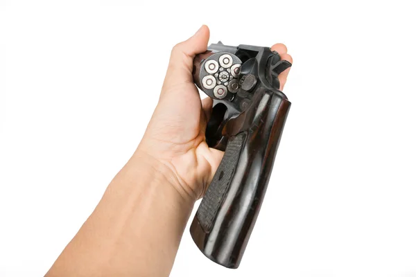 Mäns handen med en svart revolver pistol isolerad på vita bak — Stockfoto