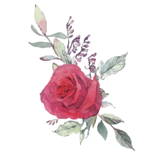 Aquarel clip art met boeket van roos en kruiden. — Stockfoto