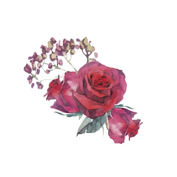 Pintura de acuarela con ramo de rosas y hierbas. —  Fotos de Stock
