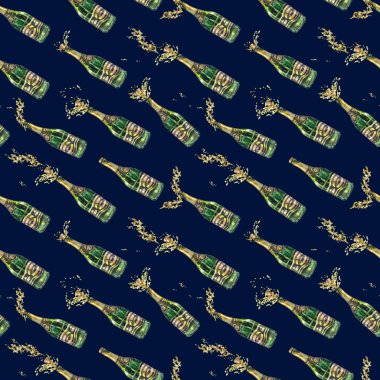 Altın palavralar içinde uçan mantarlı yeşil şampanya şişesi..