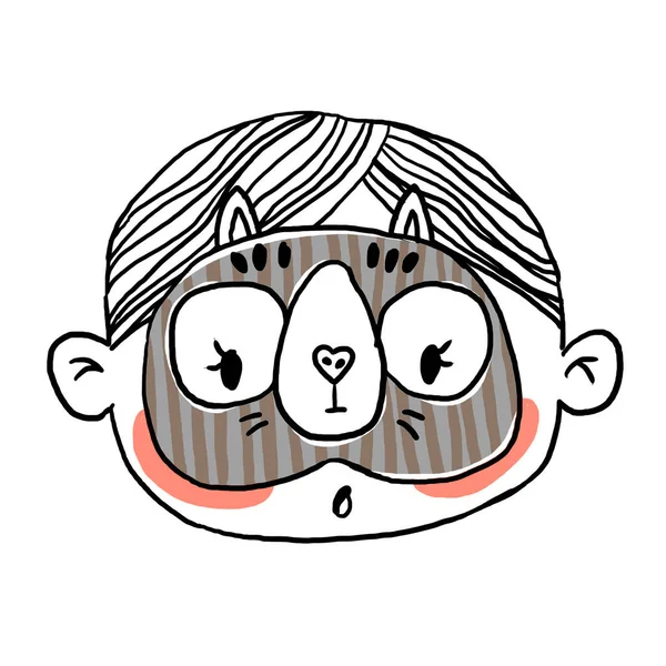 Hand-Drawn Lineart Clipart. Boy in funny animal mask. — Stock Photo, Image