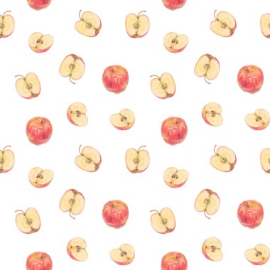 Elmalarla elle çizilmiş gerçekçi bir tırmanış. Bahçe meyveleri takozlara ayrılmış..