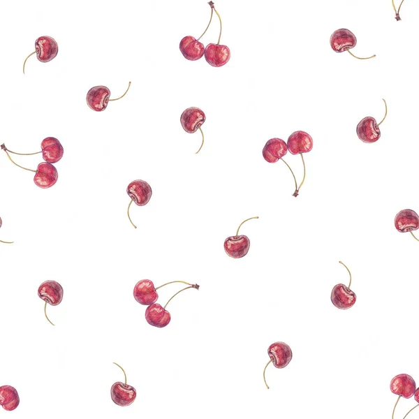 Aquarell nahtloses Muster mit roten Kirschen auf weißem Hintergrund. — Stockfoto