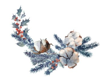 Handmade wreath with pine branches, holly leaves and berries and Cotton Flowers.