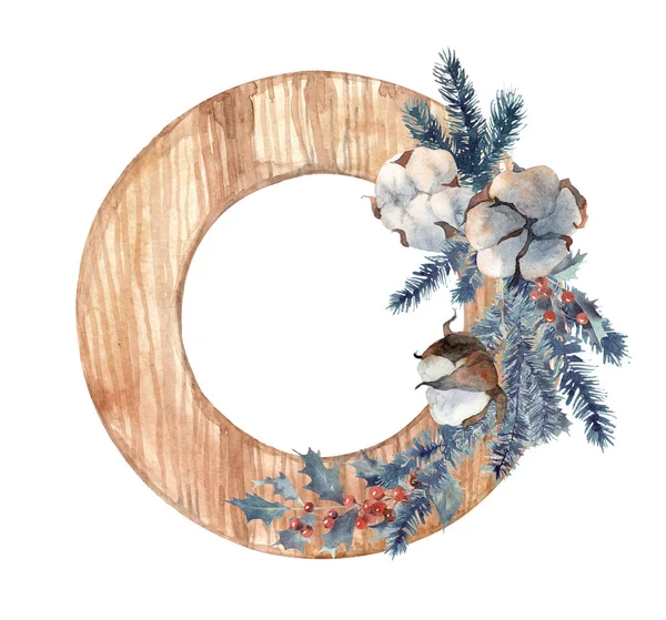 手作りリース松の枝、ヒイラギの葉と果実と綿の花と木製のフレーム. — ストック写真