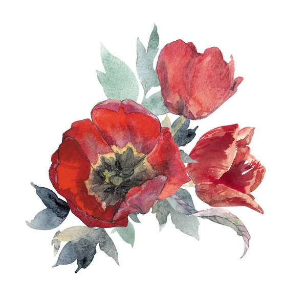 Aquarel bloemen clipart. Boeket met rode bloemen en groene bladeren — Stockfoto