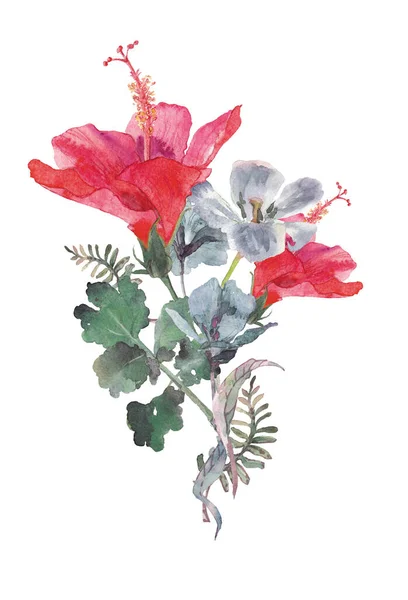 Clipart floral aquarela. Buquê com flores vermelhas e folhas verdes — Fotografia de Stock
