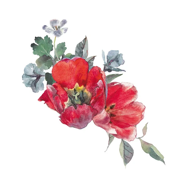 Aquarel bloemen clipart. Boeket met rode bloemen en groene bladeren — Stockfoto