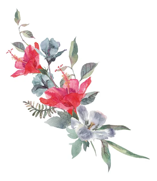 Aquarel bloemen clipart. Boeket met rode bloemen en groene bladeren — Stockfoto