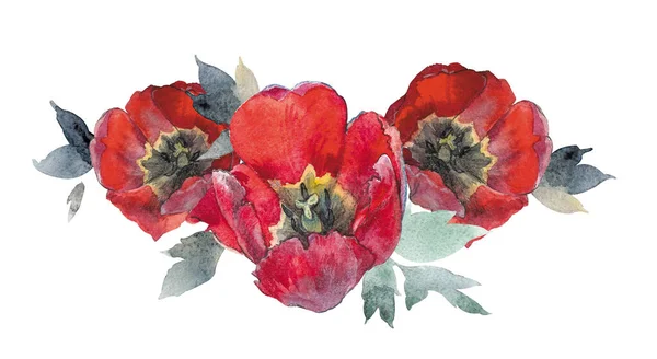 Clipart floral aquarela. Buquê com flores vermelhas e folhas verdes — Fotografia de Stock