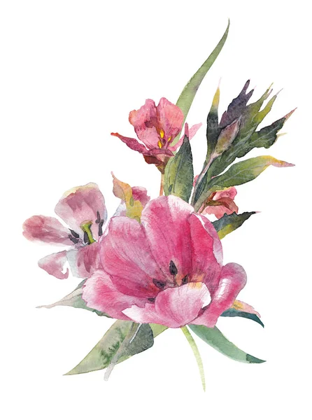 Akwarela kwiatowy kliparty. Bukiet z czerwonymi kwiatami i zielonymi liśćmi — Zdjęcie stockowe