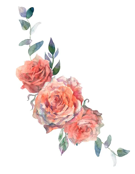 Bloem roze roos, groene bladeren. Aquarel bloemen clipart. Bruiloft concept met bloemen — Stockfoto