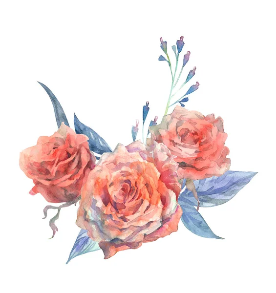 Bloem roze roos, groene bladeren. Aquarel bloemen clipart. Bruiloft concept met bloemen — Stockfoto