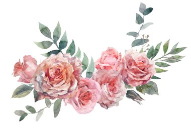 Çiçek pembe gül, yeşil yapraklar. Çiçekli suluboya klipsi. Çiçekli düğün konsepti