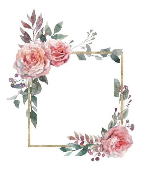 Rózsaszín rózsa, zöld levelek. Akvarell virágos előfizető. Esküvői koncepció virágokkal — Stock Fotó