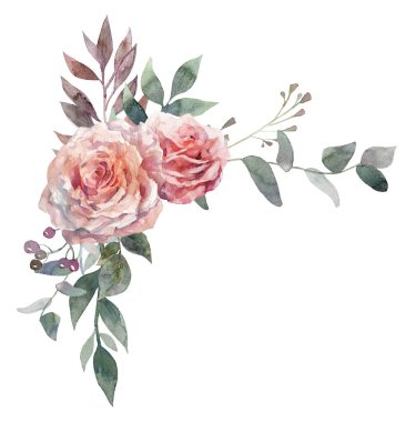 Çiçek pembe gül, yeşil yapraklar. Çiçekli suluboya klipsi. Çiçekli düğün konsepti